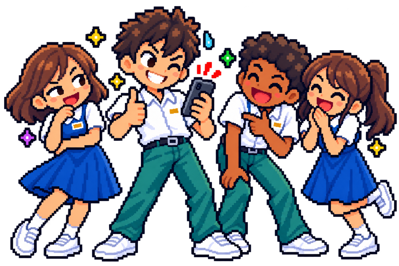 A confident student holding a phone while his school friends grin and laugh, waiting to see how the round goes