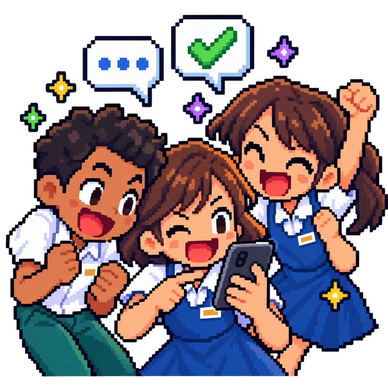 Three school friends laughing together as they invite their friends on a phone