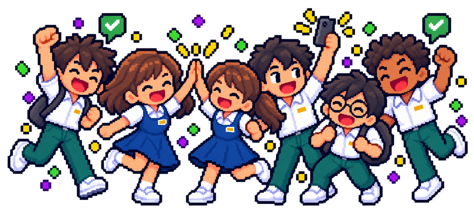 Six school friends celebrating and getting ready to play together