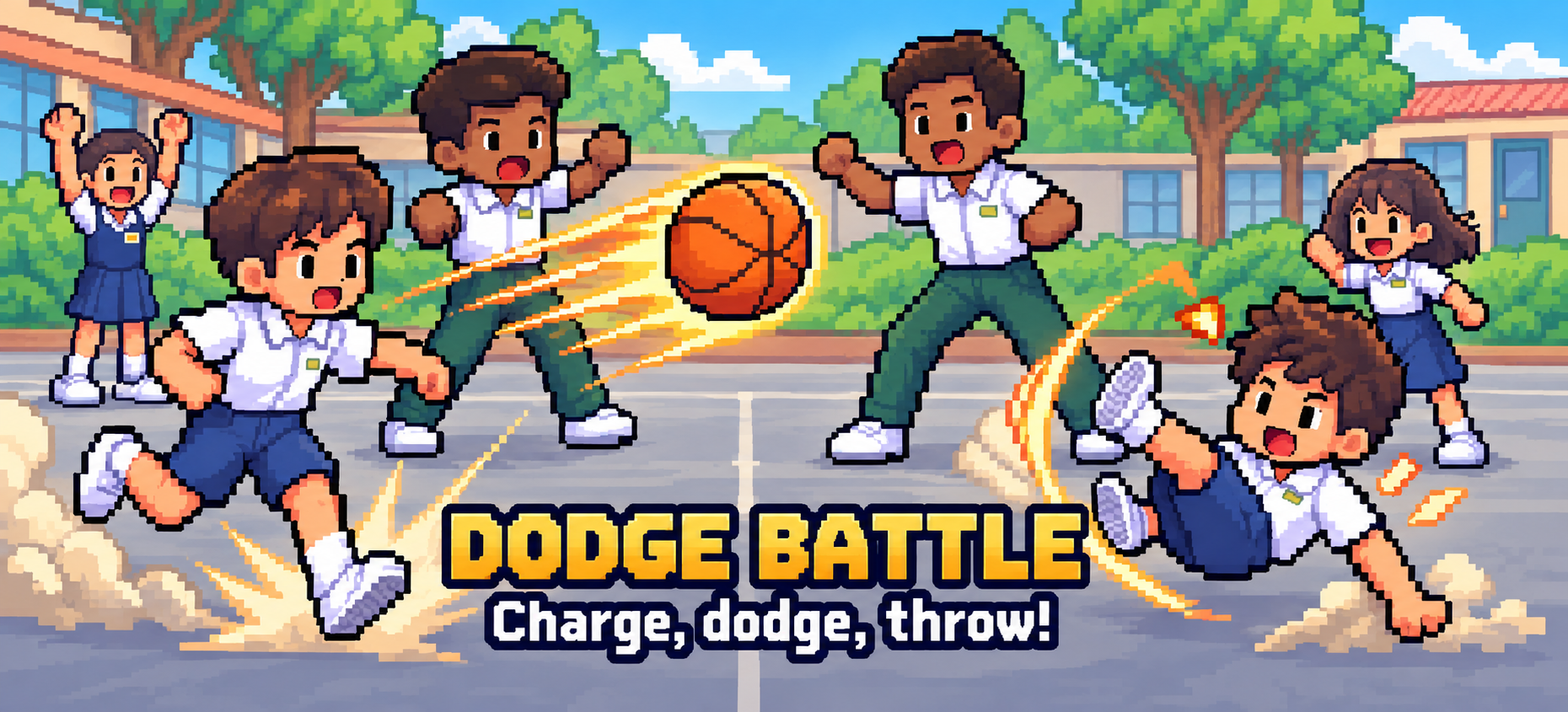 Dodge Battle: friends throwing and dodging basketballs