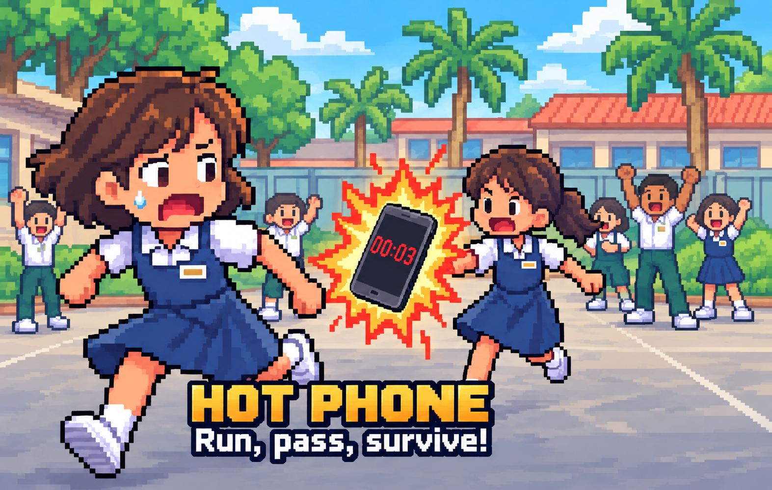 Hot Phone: friends in blue school uniforms passing a ticking phone